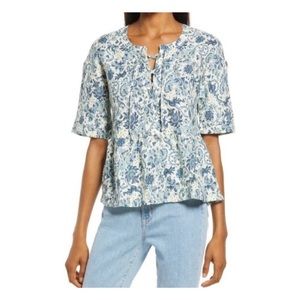 Faherty Salinas Floral Lace-Up Linen Top